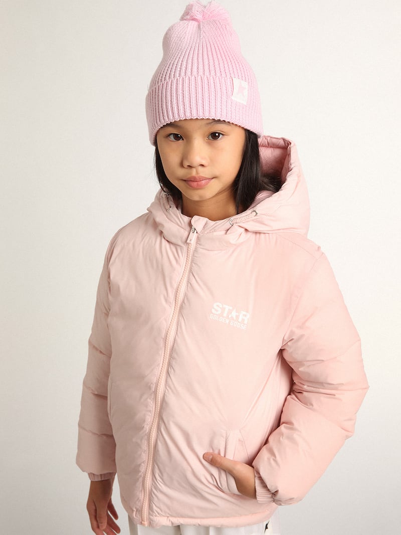 Golden Goose - Giacca piumino rosa con cappuccio e maxi stella sul retro in 