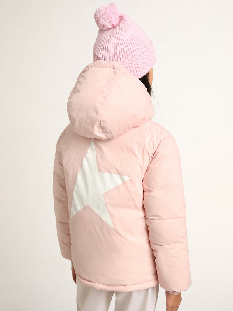 Golden Goose - Giacca piumino rosa con cappuccio e maxi stella sul retro in 