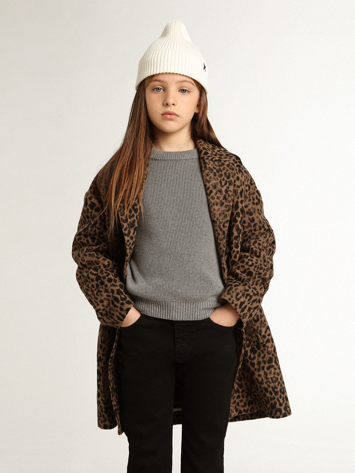 Golden Goose - Girls’ single-breasted coat in wool with jacquard animal print in 