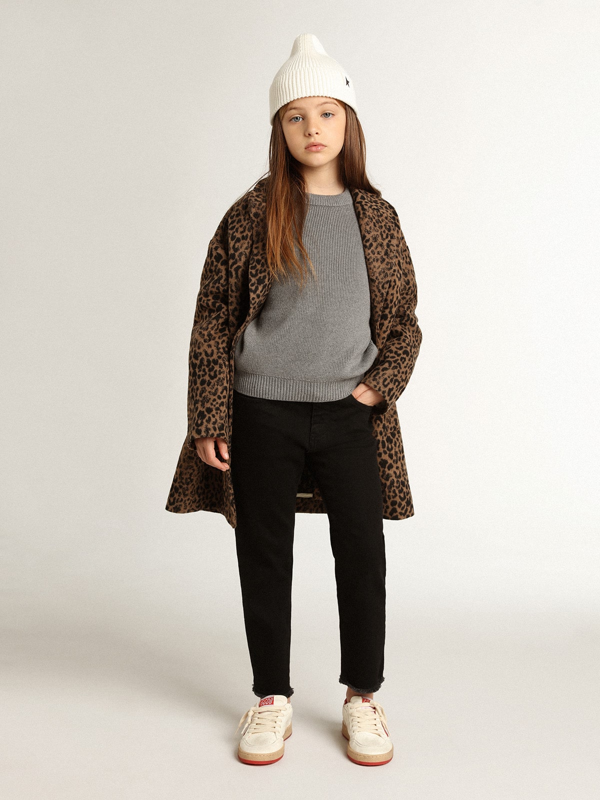 Golden Goose - Girls’ single-breasted coat in wool with jacquard animal print in 