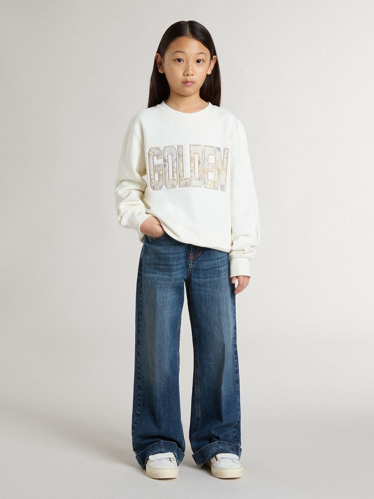Golden Goose - Sudadera blanca de niña con mensaje Golden multicolor en el delantero in 