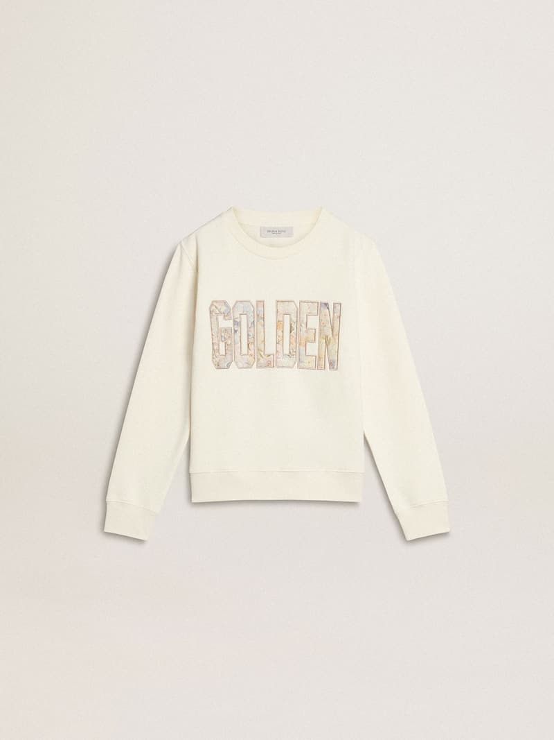 Weißes Mädchensweatshirt mit bunter „Golden“-Aufschrift auf der Front
