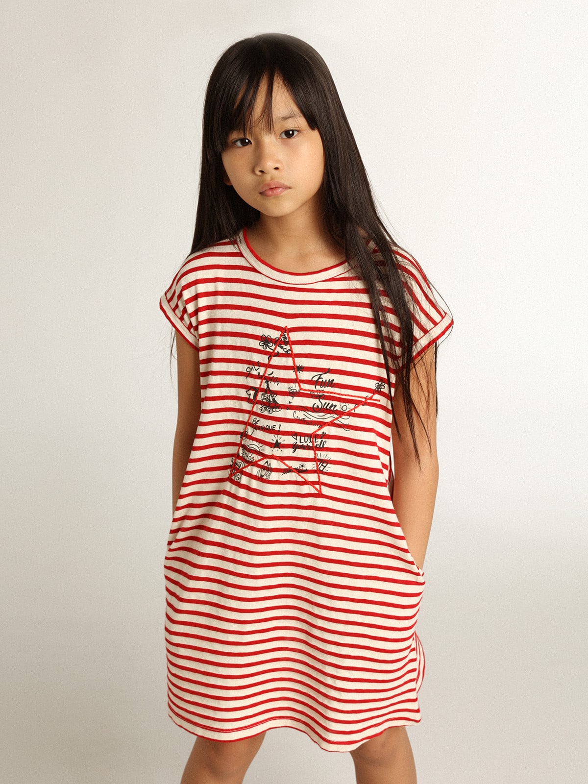 Golden Goose - Mini dress with white and red stripes and embroidery on the front in 