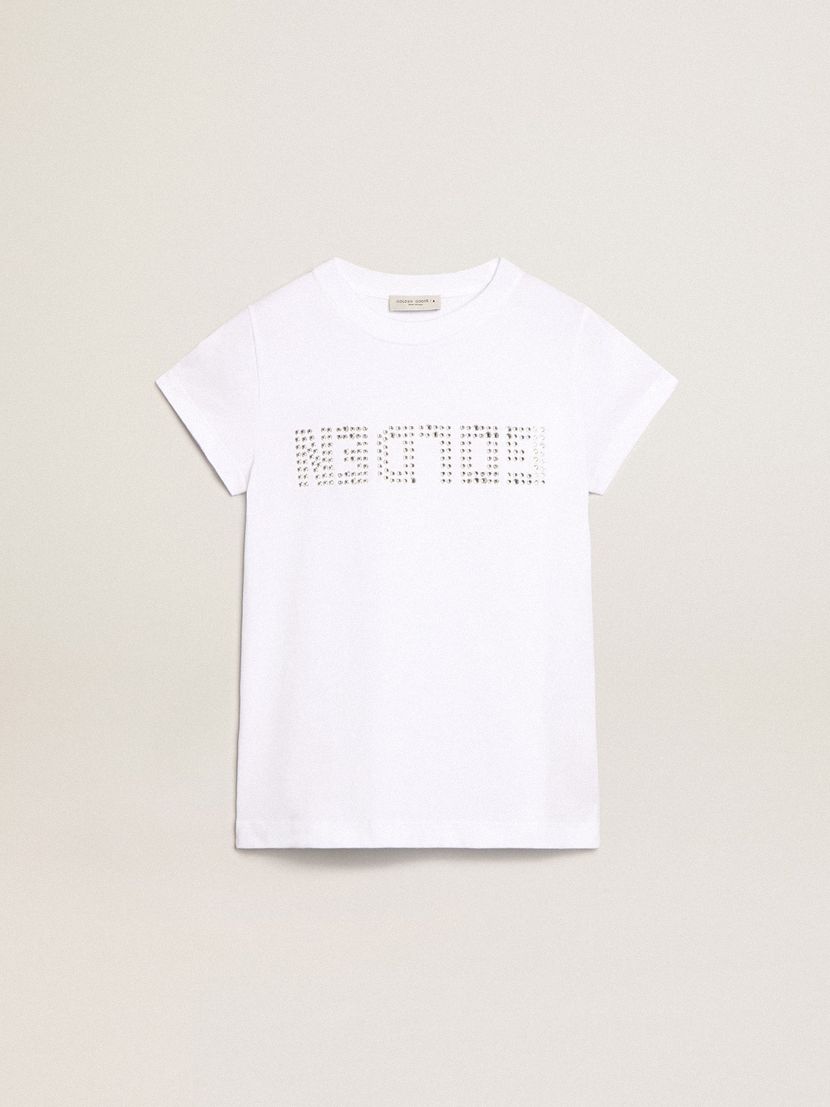 Golden Goose - White T-shirt with central Golden lettering in crystals in 