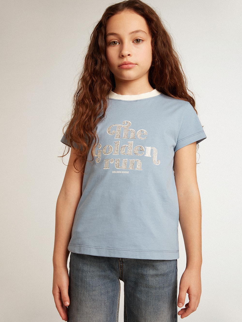 Golden Goose - Camiseta de niña de algodón celeste con estampado con cristales in 