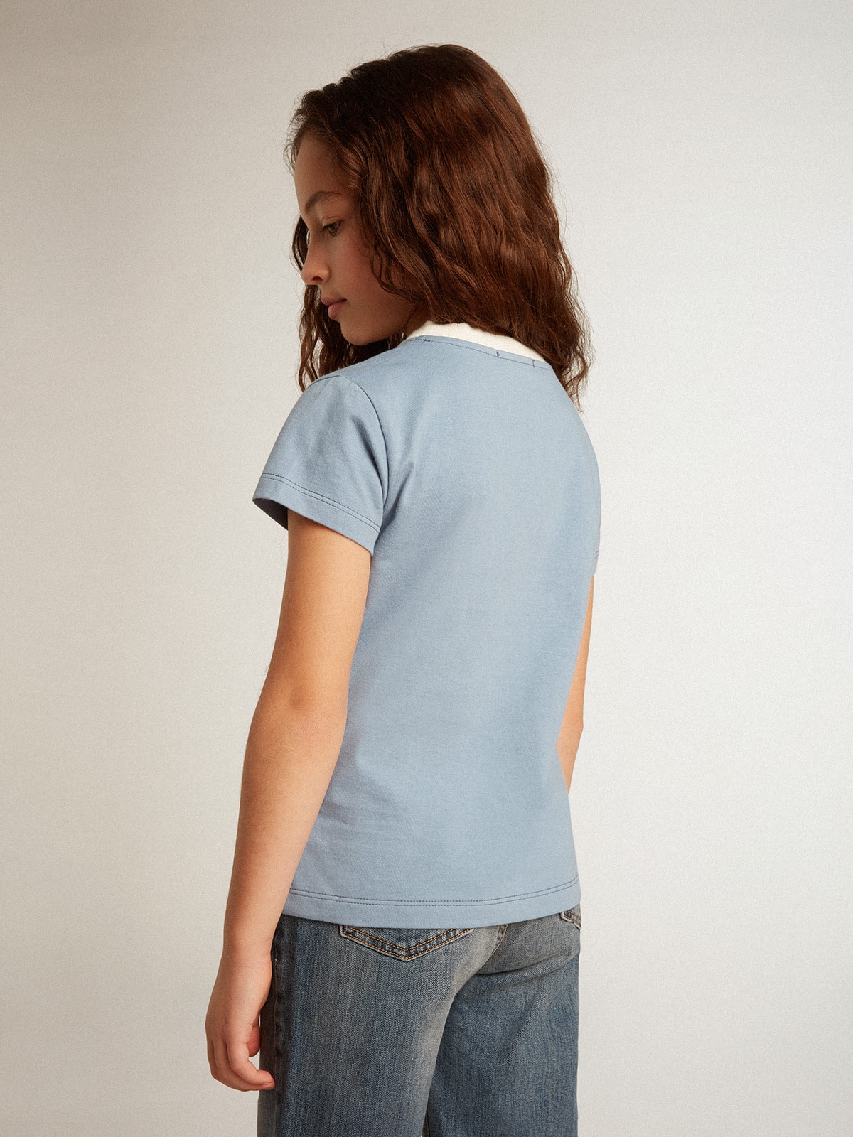 Golden Goose - T-shirt pour fille en coton bleu clair avec imprimé et cristaux in 