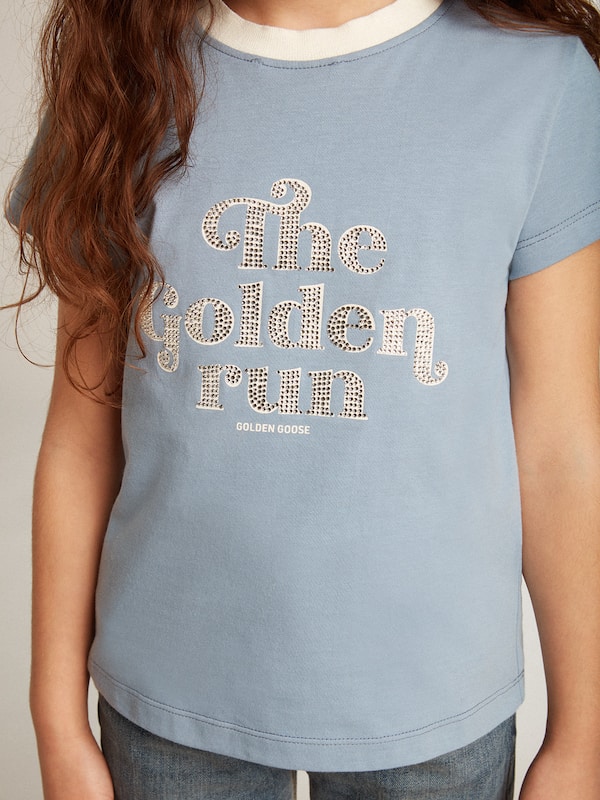 Golden Goose - 걸즈 프린트 & 크리스털 라이트 블루 코튼 티셔츠 in 