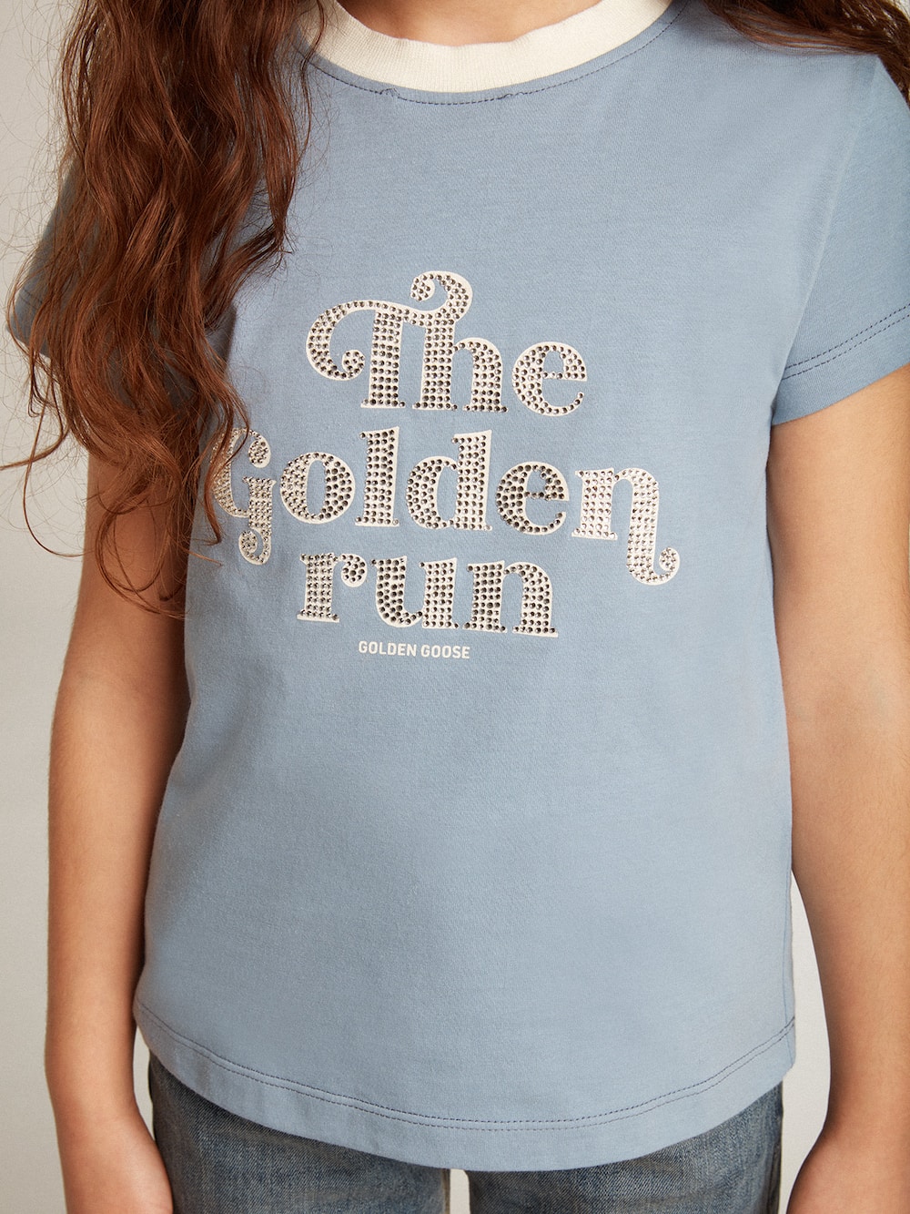 Golden Goose - T-shirt da bambina in cotone azzurro con stampa con cristalli in 