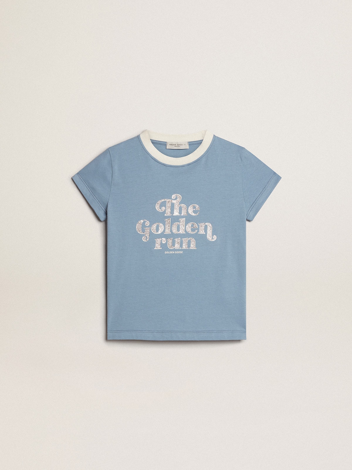 Golden Goose - T-shirt pour fille en coton bleu clair avec imprimé et cristaux in 