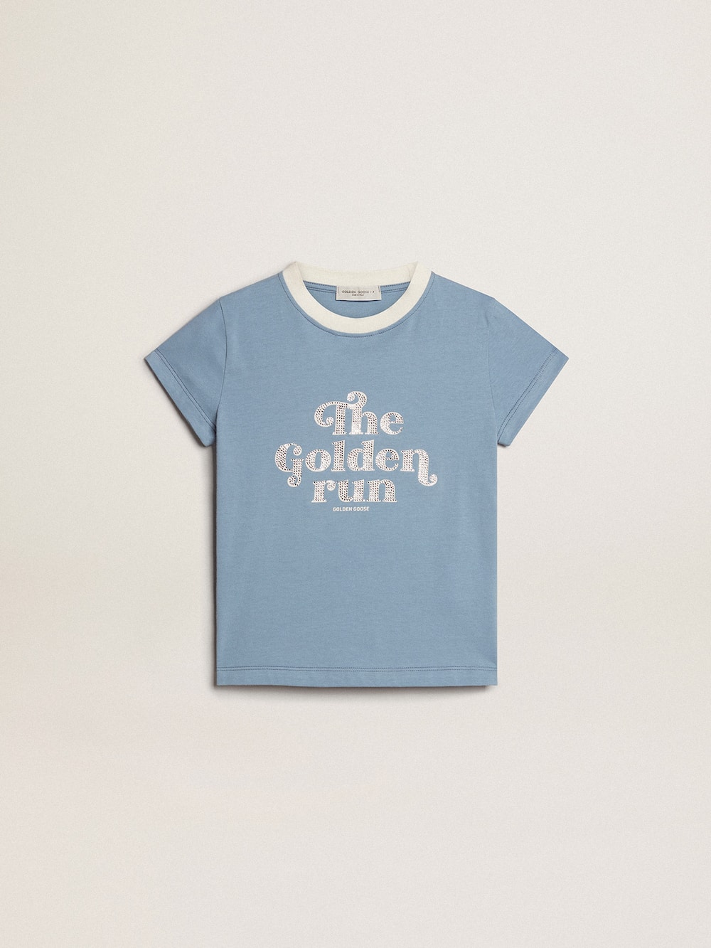 Golden Goose - Camiseta de niña de algodón celeste con estampado con cristales in 
