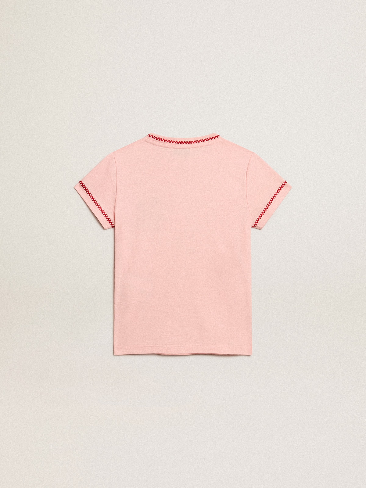 Golden Goose - Pink T-shirt with red trim and embroidered flower on the heart in 