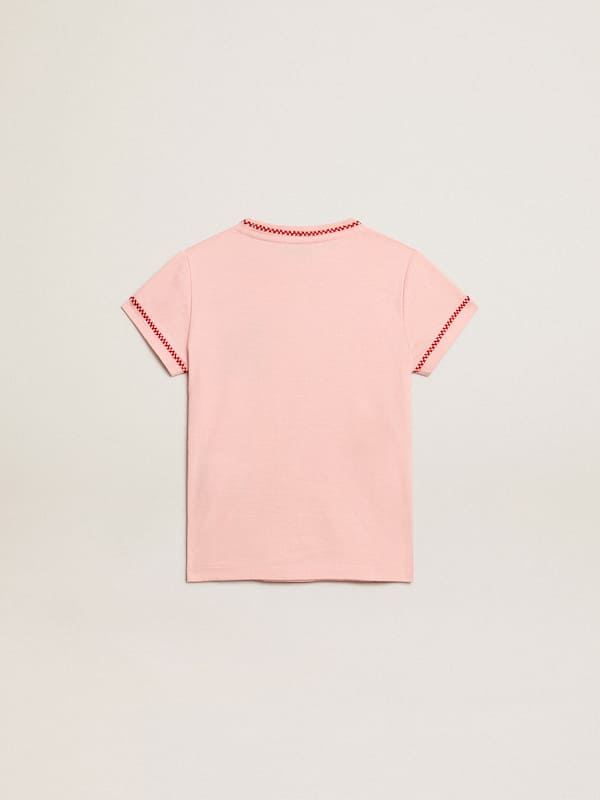 Golden Goose - Pink T-shirt with red trim and embroidered flower on the heart in 