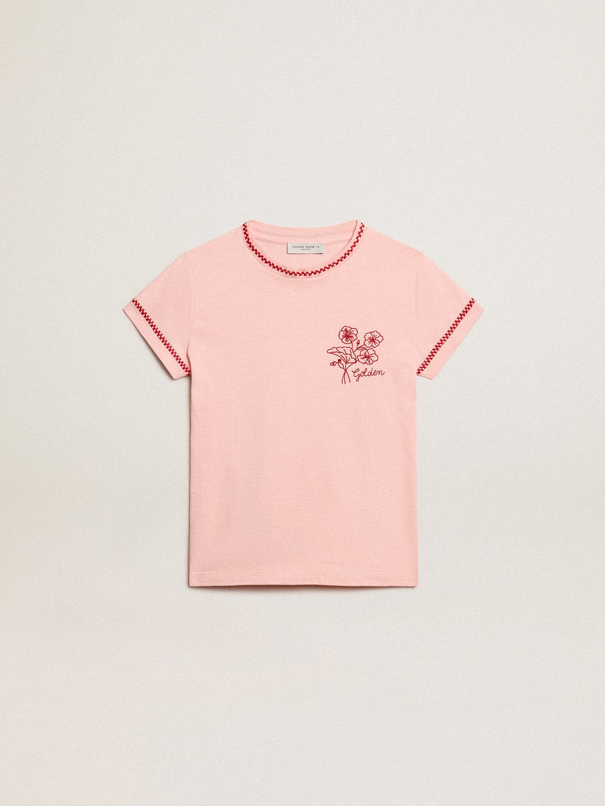 Golden Goose - Pink T-shirt with red trim and embroidered flower on the heart in 