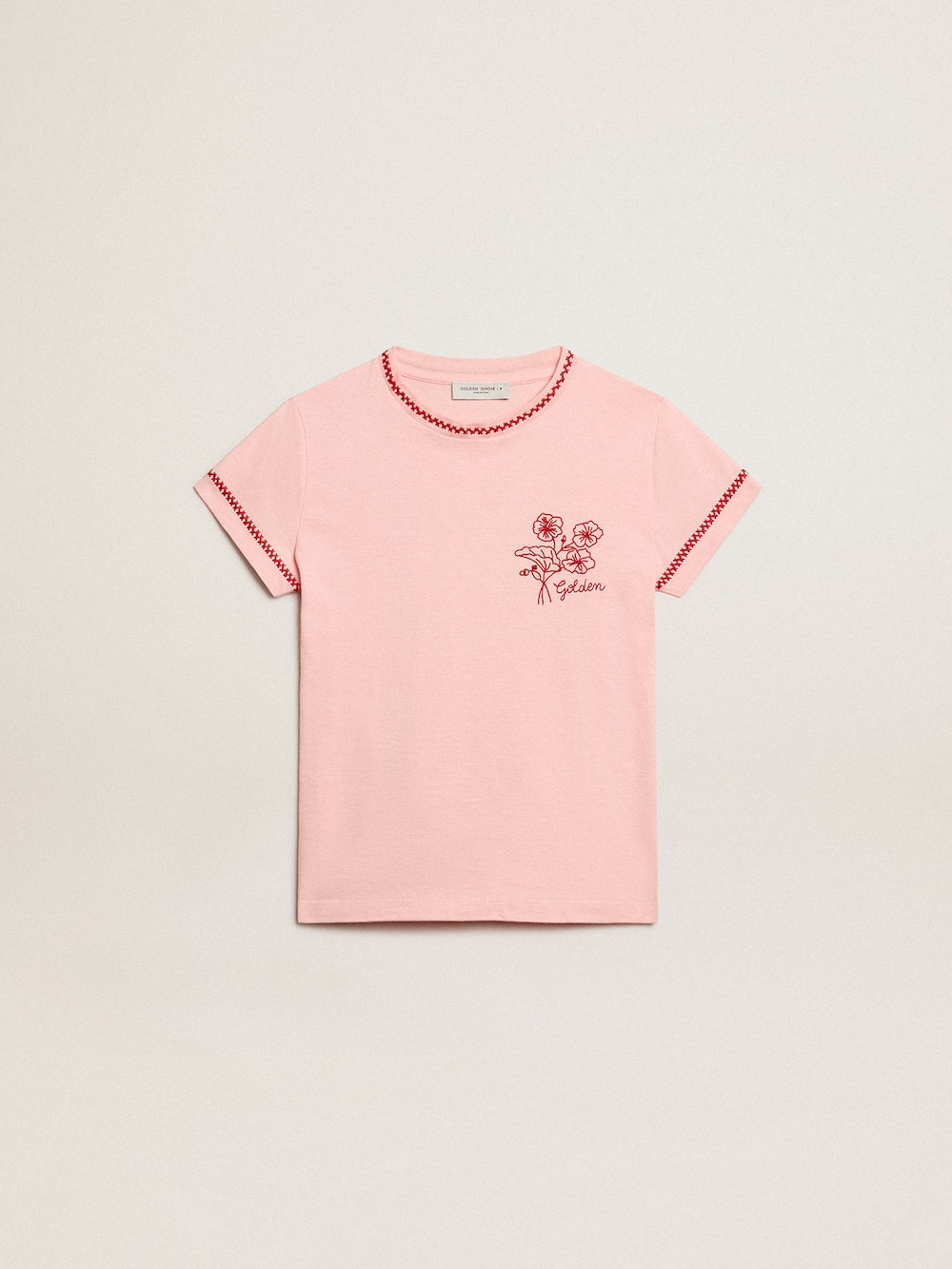 Golden Goose - Maglietta rosa con profili rossi e fiore ricamato sul cuore in 