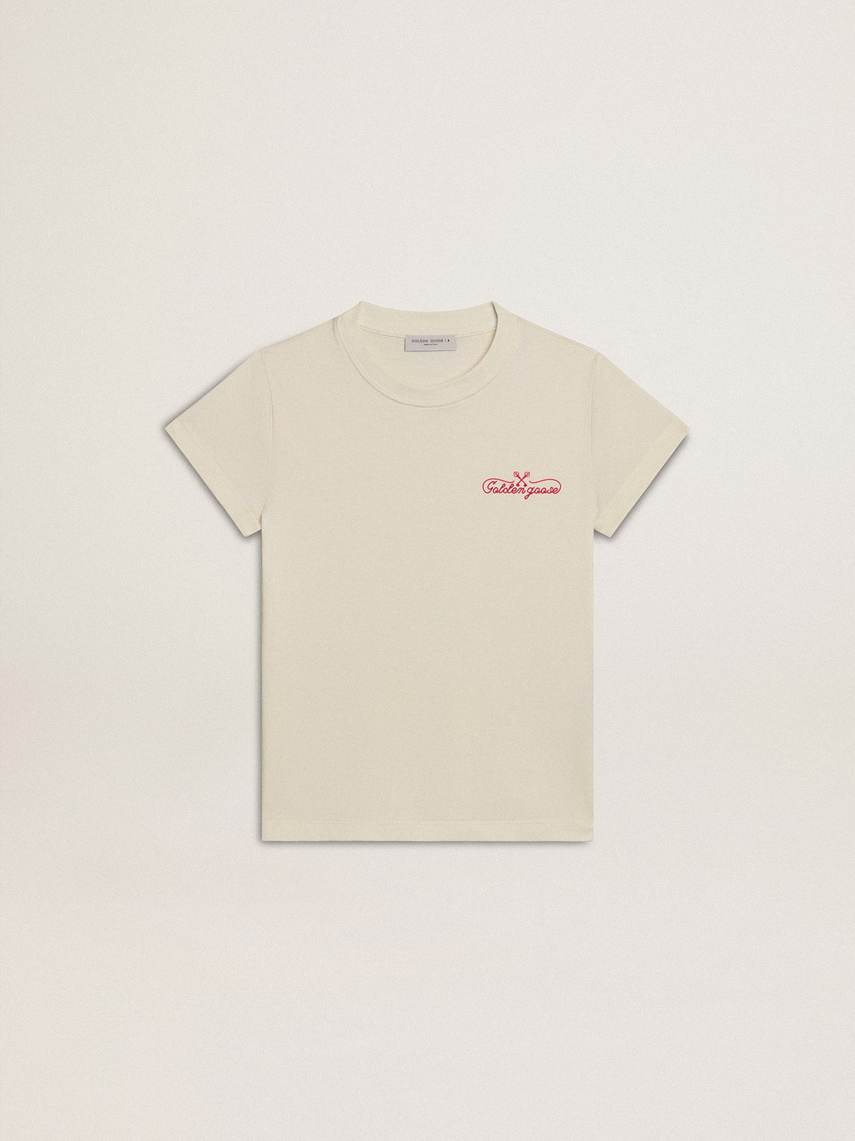 Girls' cotton T-shirt in worn white with red embroidery on