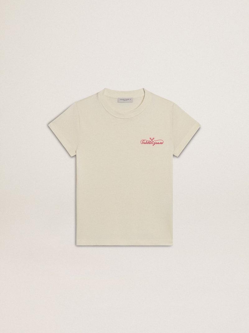 Girls' cotton T-shirt in worn white with red embroidery on the chest