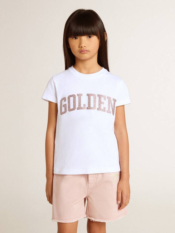 Golden Goose - Girls' white T-shirt with pink glitter Golden lettering in 