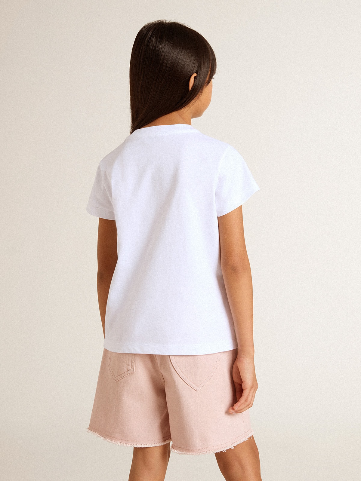 Golden Goose - Camiseta de color blanco de niña con mensaje Golden en purpurina rosa in 