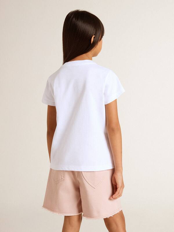 Golden Goose - Girls' white T-shirt with pink glitter Golden lettering in 
