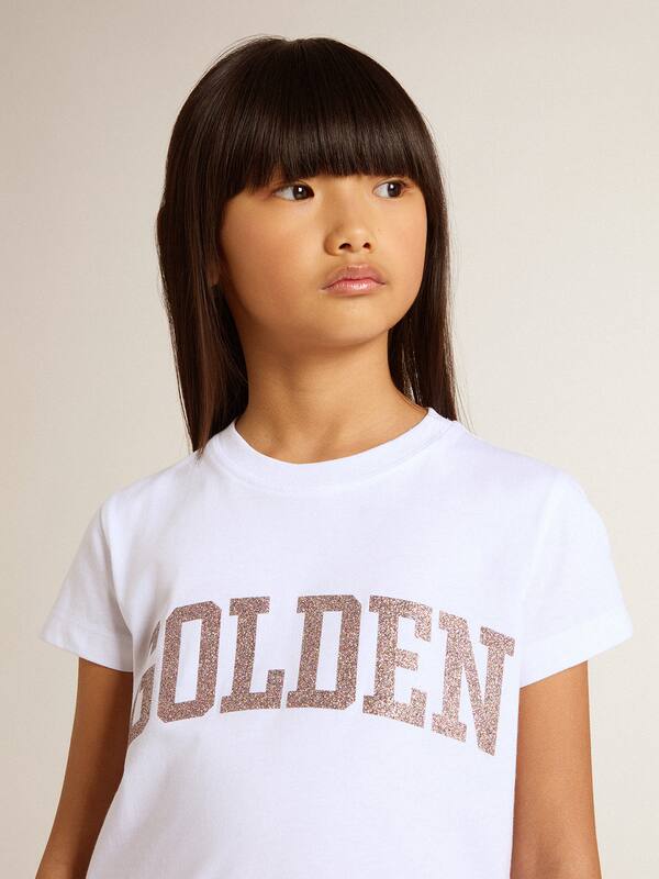 Golden Goose - Girls' white T-shirt with pink glitter Golden lettering in 