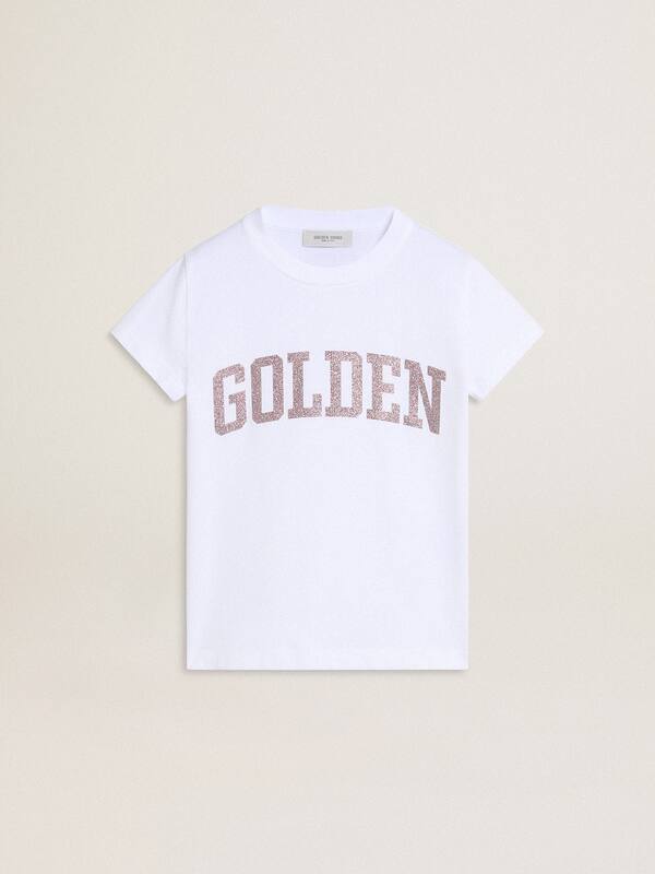 Golden Goose - Girls' white T-shirt with pink glitter Golden lettering in 