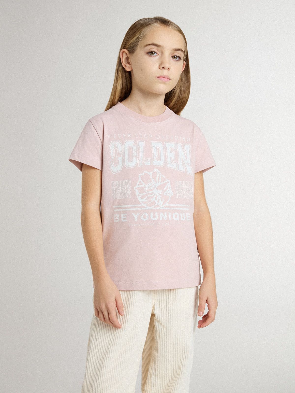 Golden Goose - T-shirt da bambina rosa con stampa bianca in 
