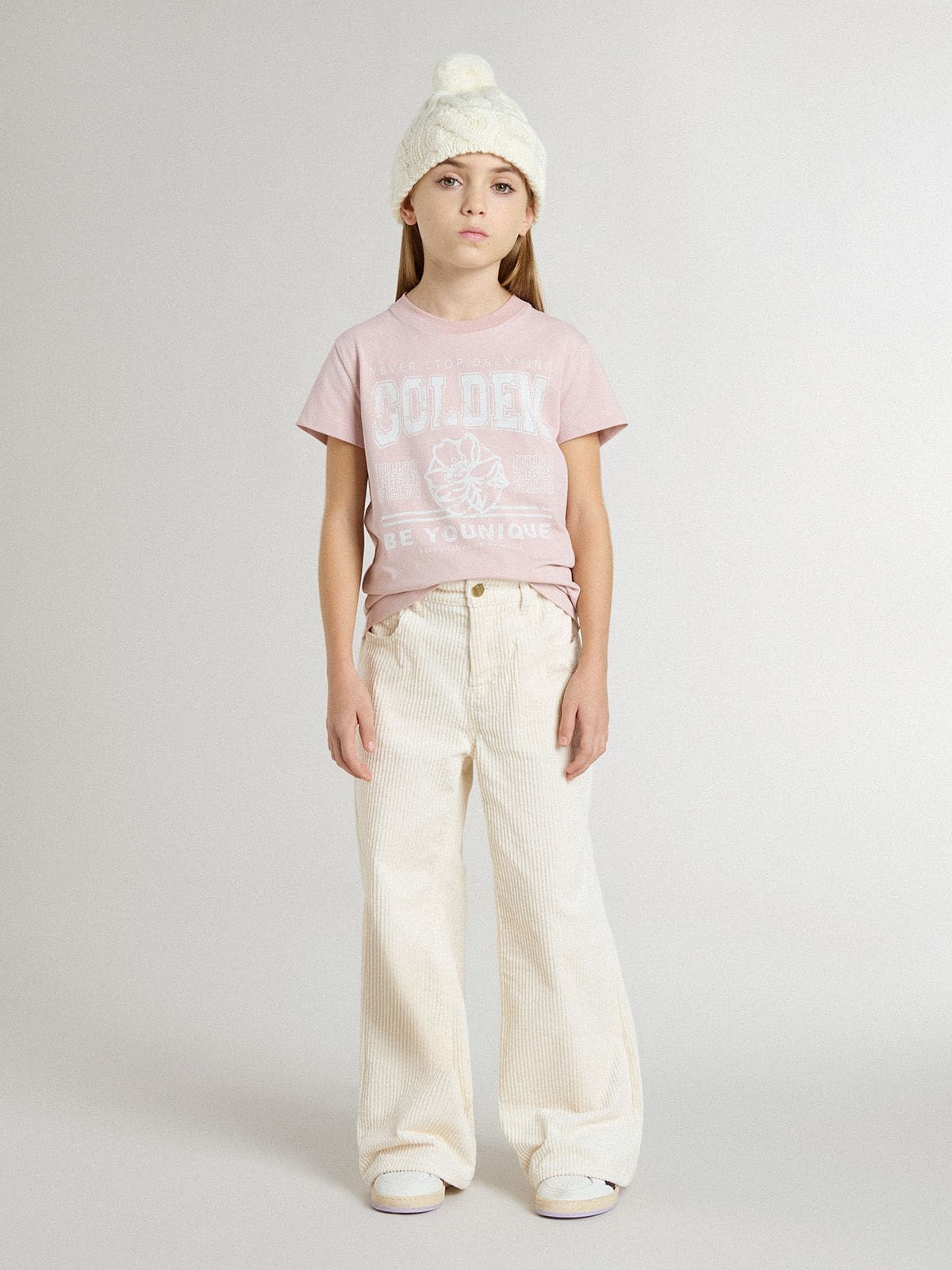 Golden Goose - T-shirt da bambina rosa con stampa bianca in 