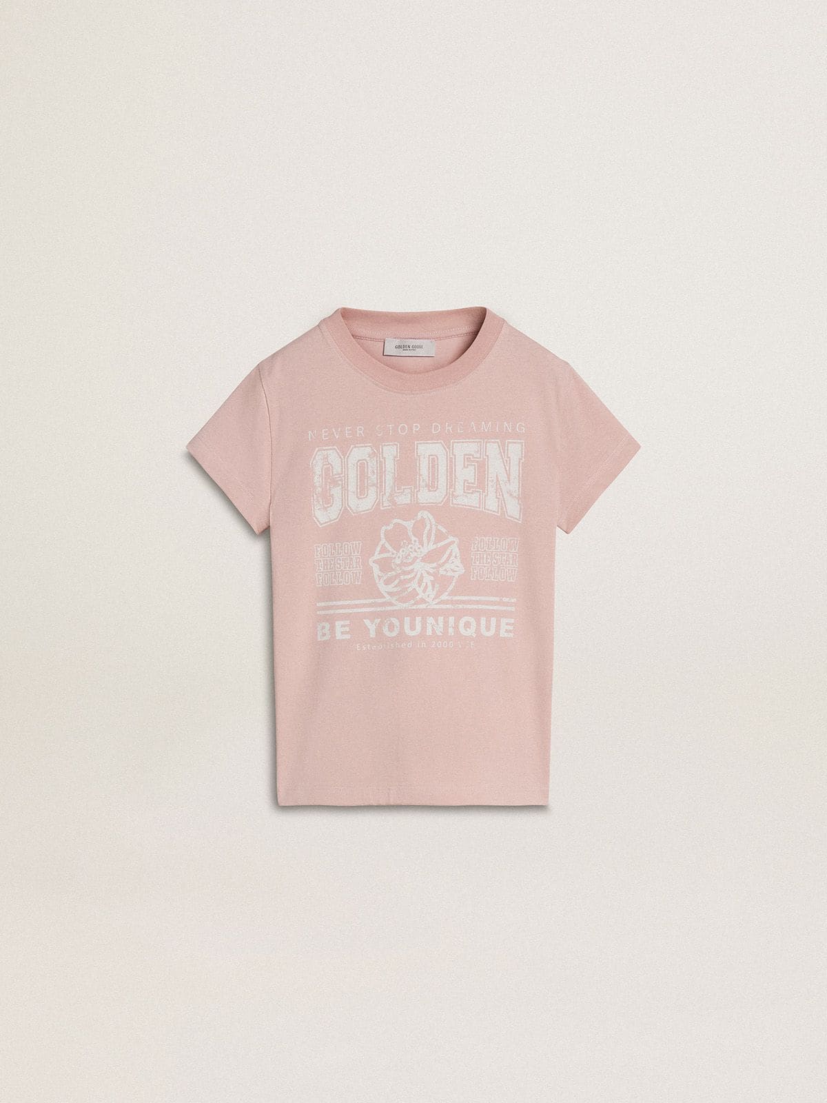 Golden Goose - T-shirt da bambina rosa con stampa bianca in 