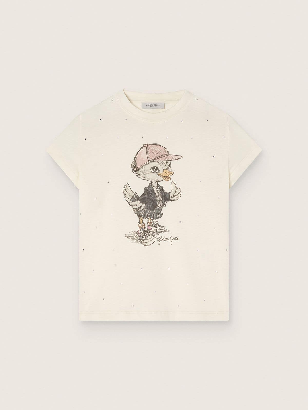 Golden Goose - Journey T-shirt for girls in white cotton jersey with digital mascot print and crystal appliqués in 