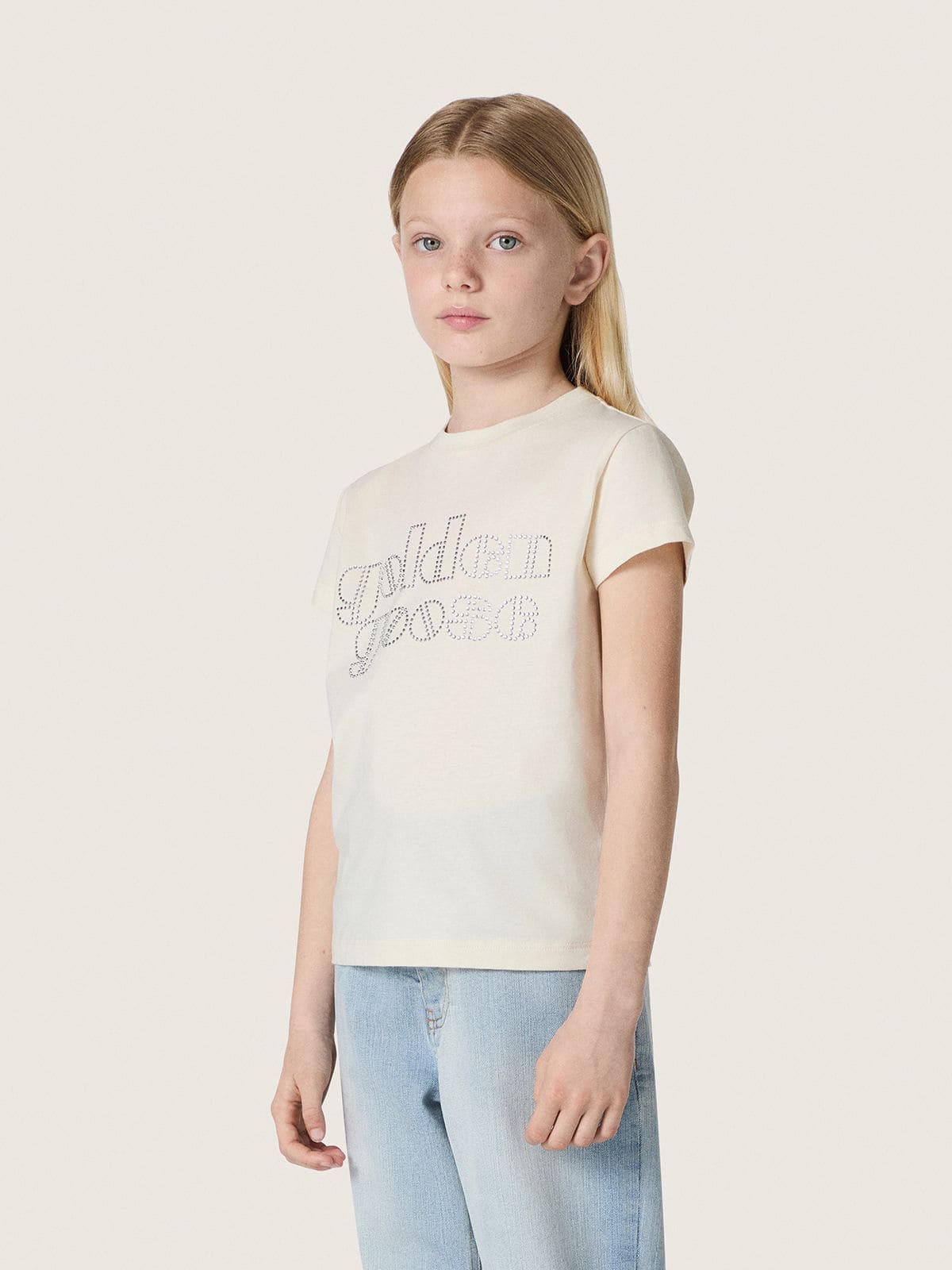 Golden Goose - T-shirt da Bambina Journey in jersey di cotone bianco con borchie color argento in 