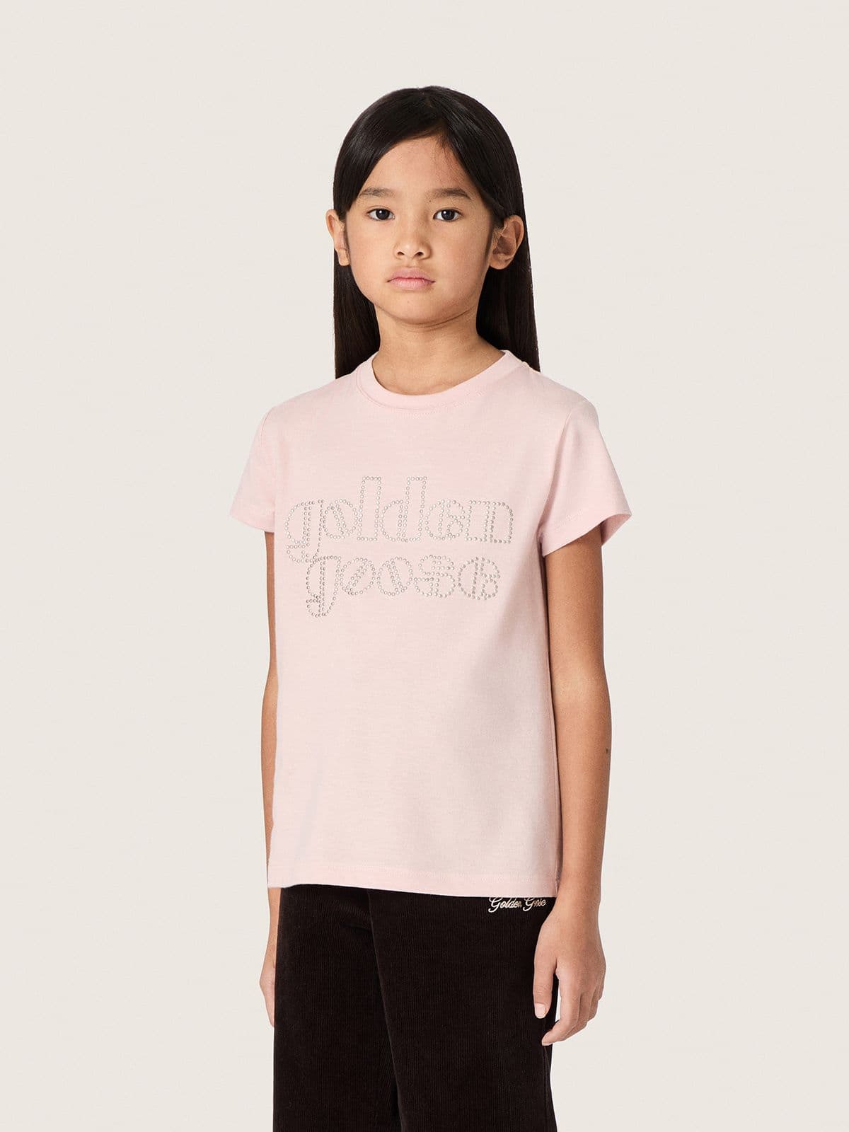 Golden Goose - Camiseta infantil feminina de j&eacute;rsei de algod&atilde;o rosa com logo e tachas in 