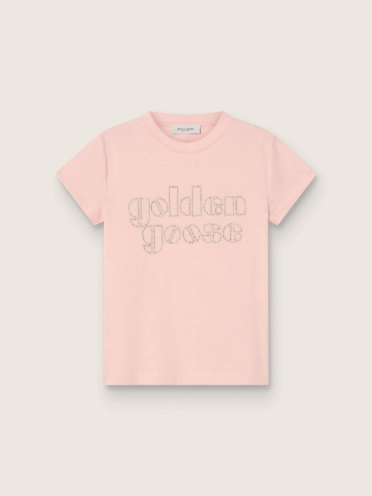Golden Goose - T-shirt da bambina in jersey di cotone rosa con logo e borchie in 