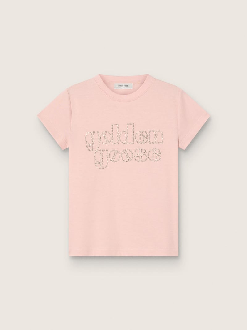 M&auml;dchen-T-Shirt aus rosafarbenem Baumwolljersey mit Logo und Nieten