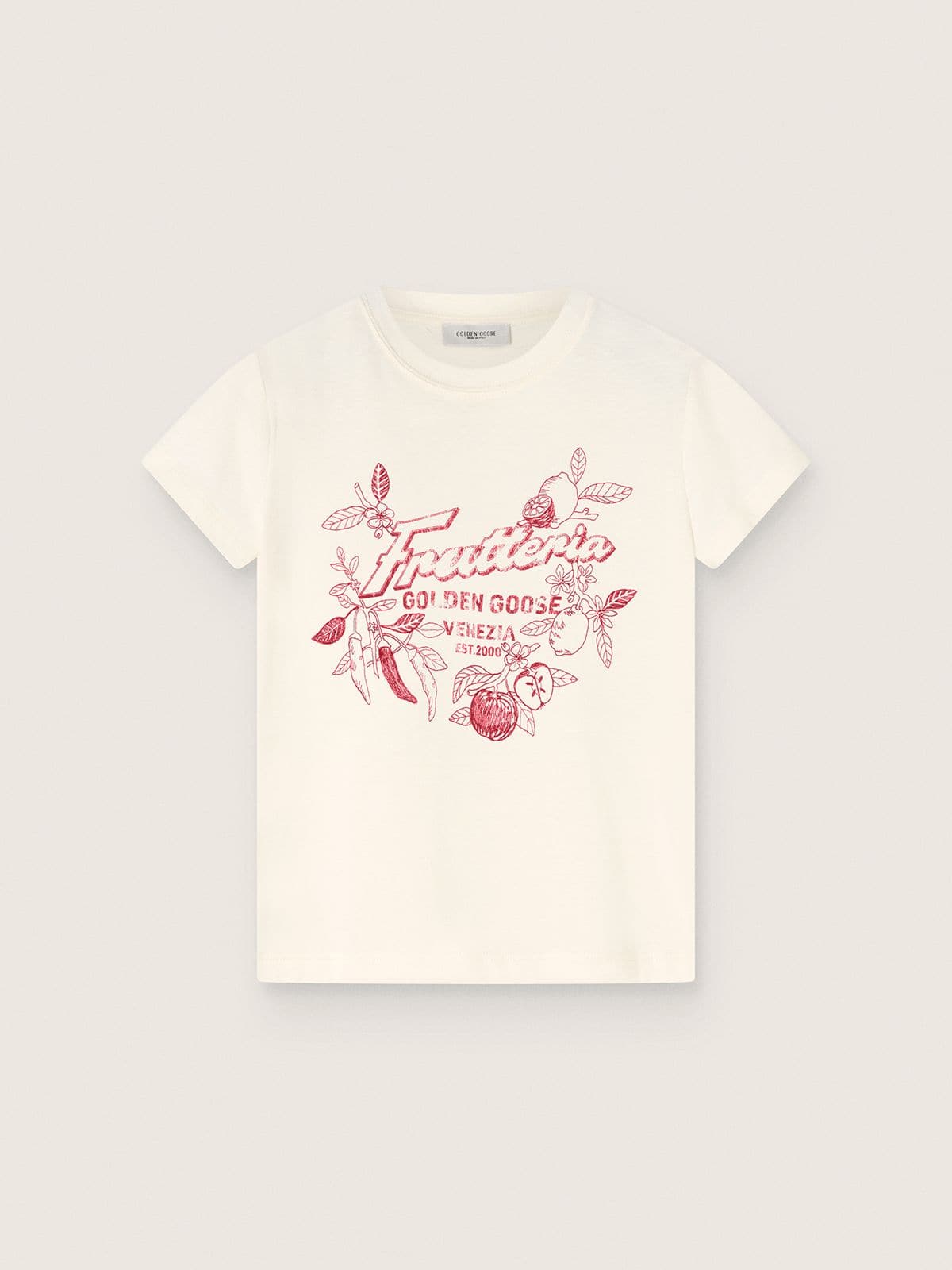Camiseta infantil de algod&oacute;n blanco con estampado &laquo;Frutteria Golden&raquo;