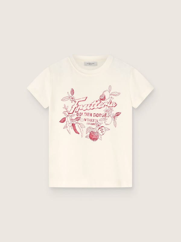 T-shirt kids in cotone bianco con stampa "Frutteria Golden"