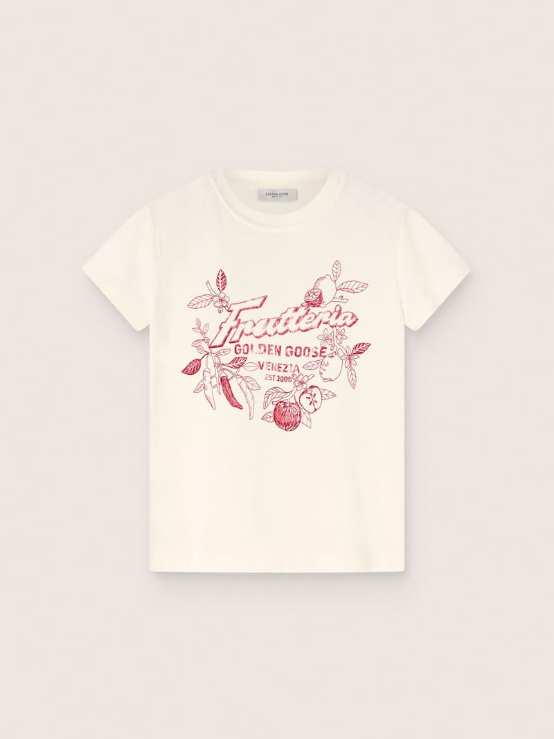 Camiseta infantil de algod&oacute;n blanco con estampado &laquo;Frutteria Golden&raquo;