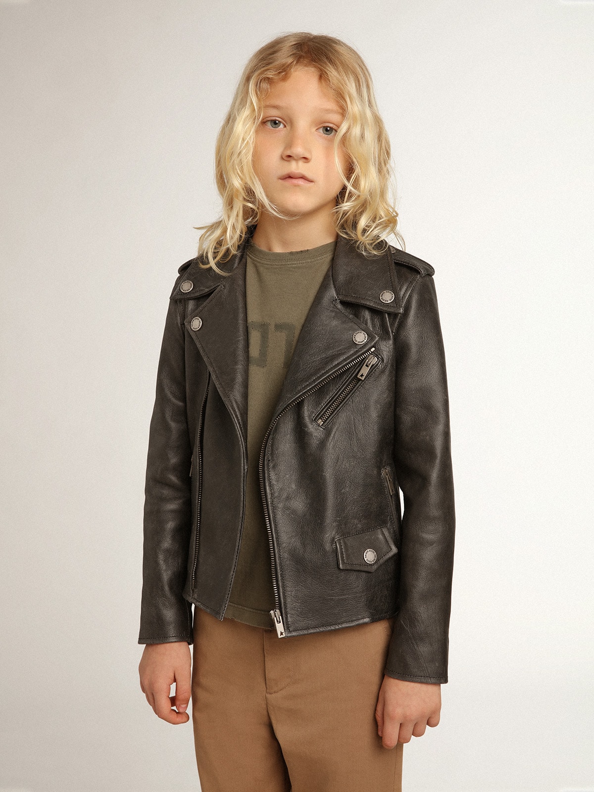 Golden Goose - Chiodo da bambino in pelle dal trattamento distressed in 