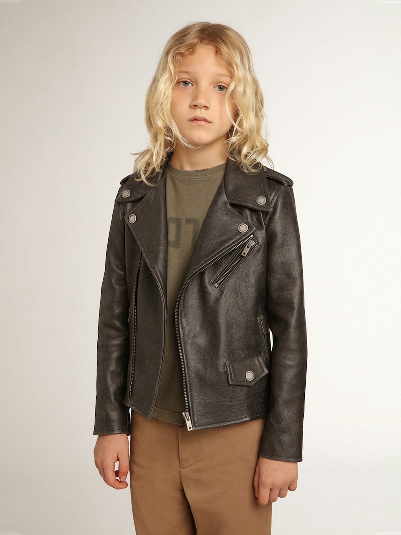 Golden Goose - Jungen-Bikerjacke aus Leder mit Distressed-Finish in 