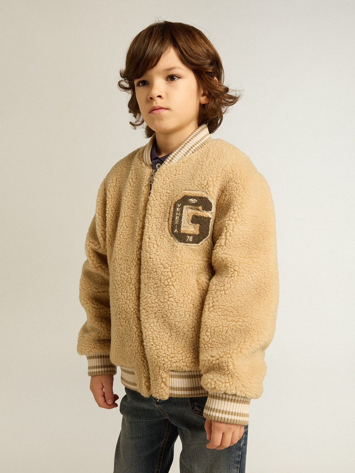 Golden Goose - Beigefarbene Kinder-Bomberjacke aus Fleece in 