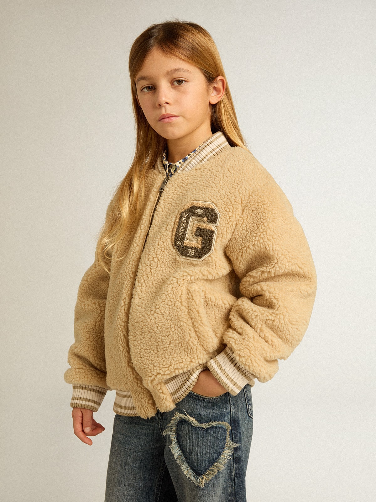 Golden Goose - Beigefarbene Kinder-Bomberjacke aus Fleece in 