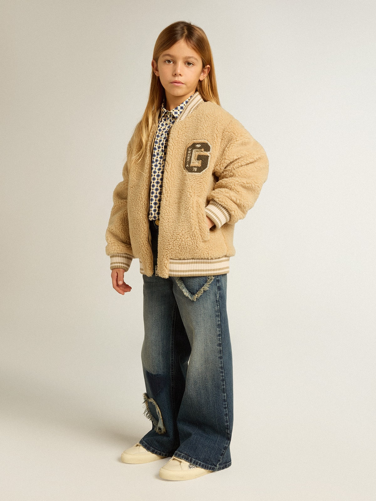 Golden Goose - Beigefarbene Kinder-Bomberjacke aus Fleece in 