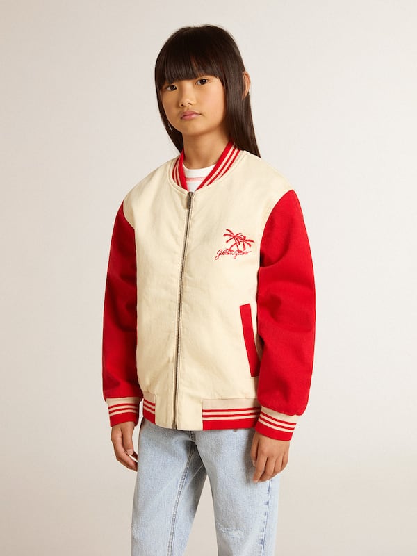 Golden Goose - Kids' bomber jacket in beige and red cotton with embroidery on the chest in 