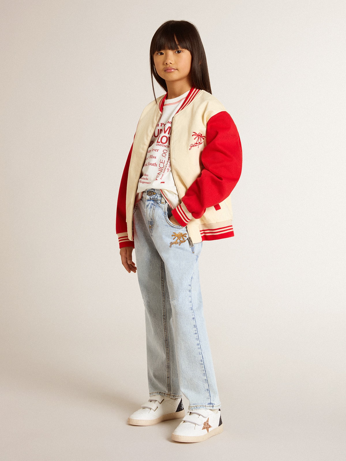 Golden Goose - Kids' bomber jacket in beige and red cotton with embroidery on the chest in 