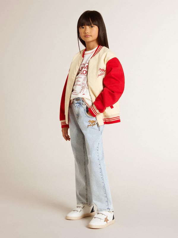 Golden Goose - Kids' bomber jacket in beige and red cotton with embroidery on the chest in 