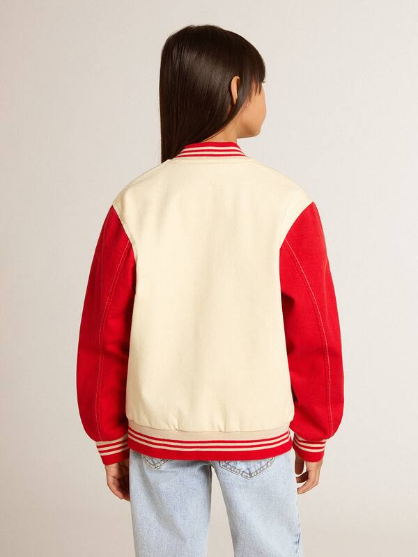 Golden Goose - Kids' bomber jacket in beige and red cotton with embroidery on the chest in 