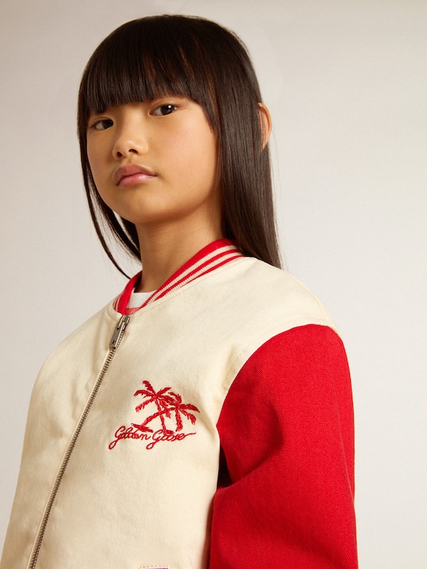 Golden Goose - Kids' bomber jacket in beige and red cotton with embroidery on the chest in 