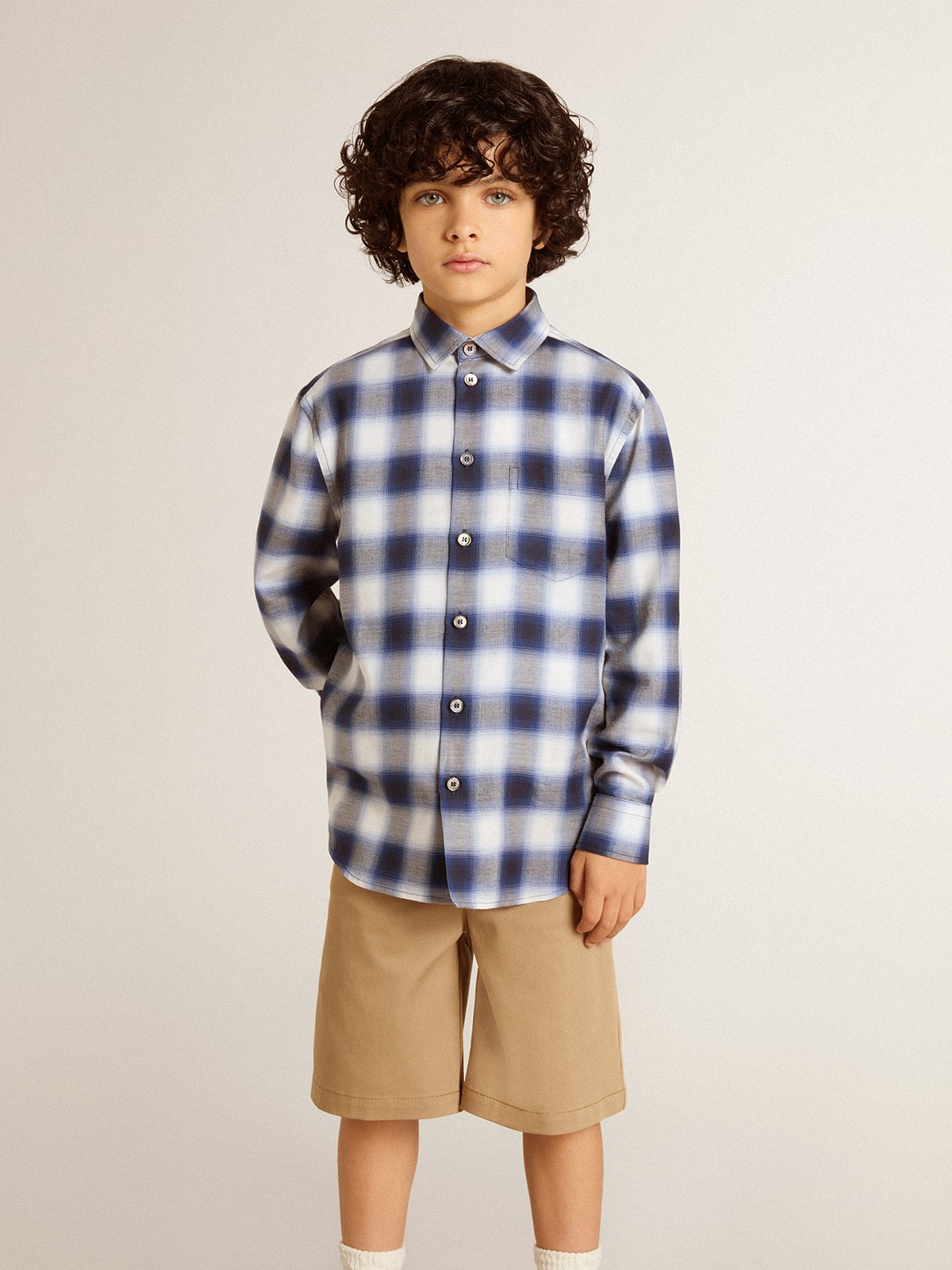 Golden Goose - Boys' blue and white checked shirt with print on the back in 