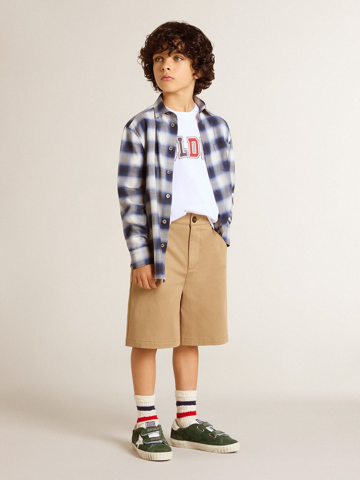 Golden Goose - Boys' blue and white checked shirt with print on the back in 