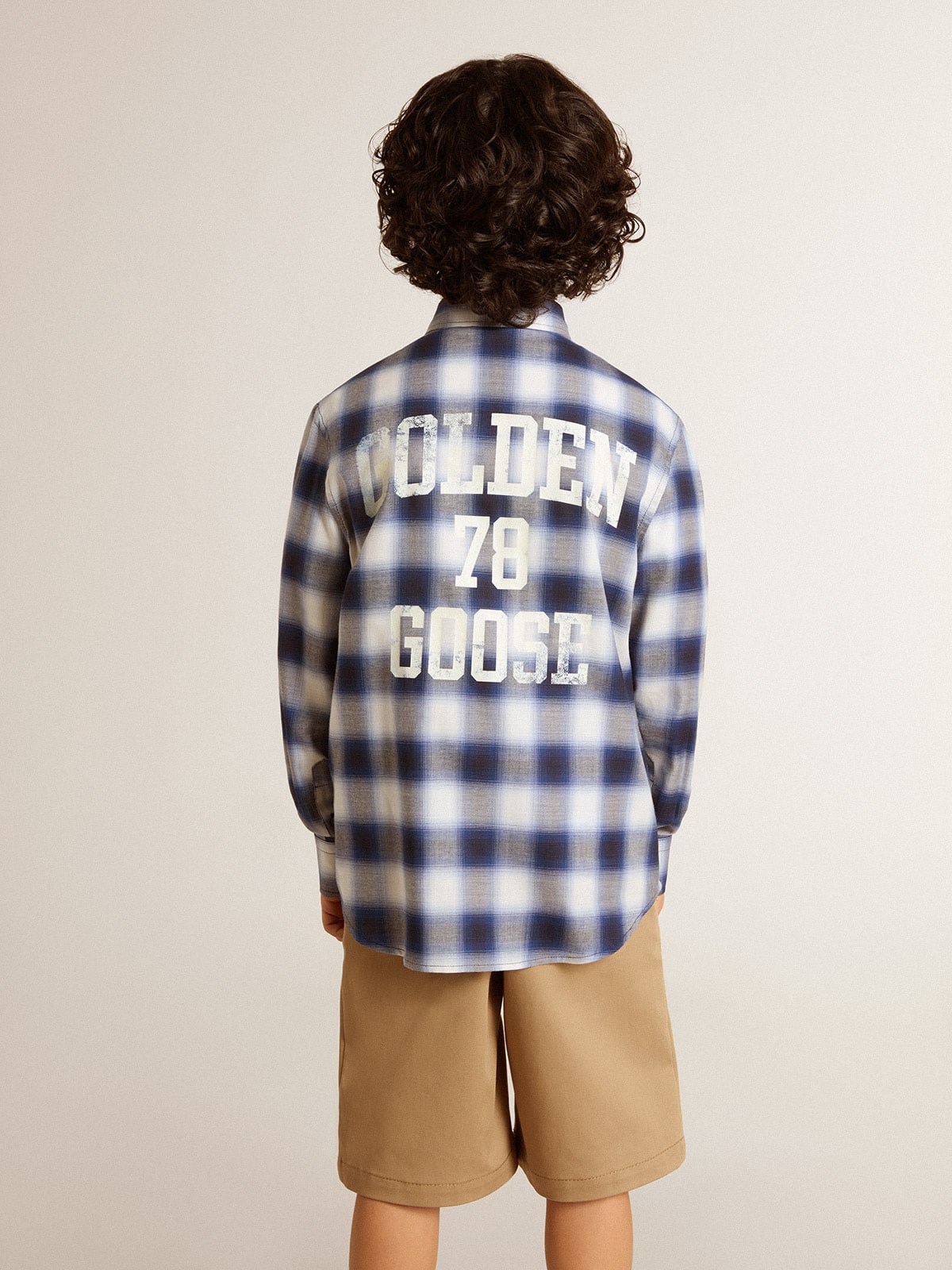 Golden Goose - Boys' blue and white checked shirt with print on the back in 