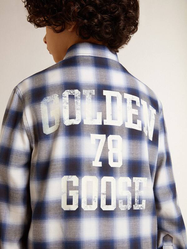 Golden Goose - Boys' blue and white checked shirt with print on the back in 